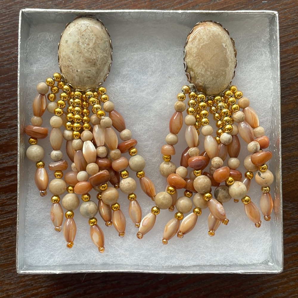 Bohemian Beaded Dangle Earrings in Gold and Tan
